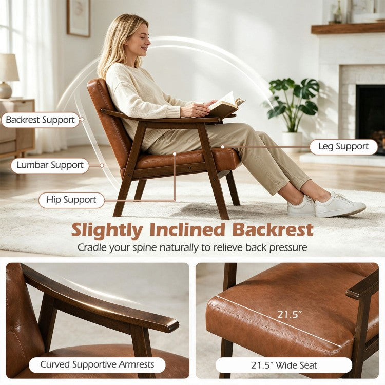 Accent Chair with Inclined Backrest, Tufted Faux Leather Upholstery & Soft Cushion – Walnut/Black