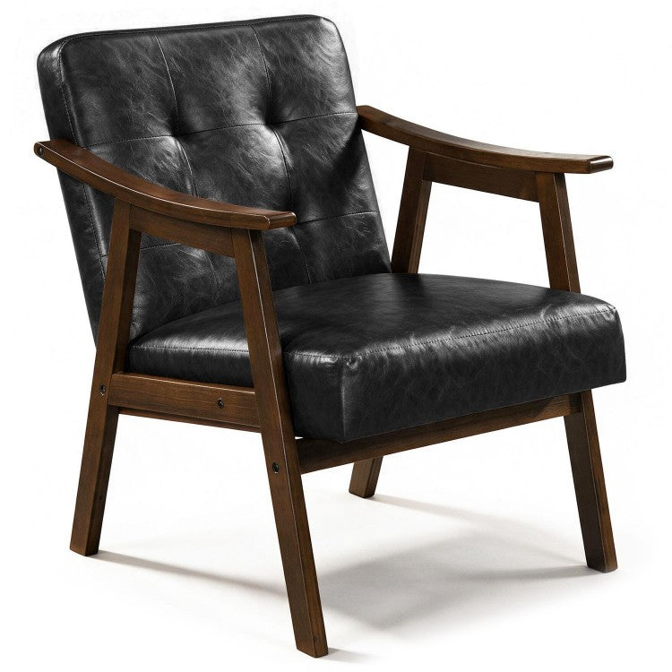 Accent Chair with Inclined Backrest, Tufted Faux Leather Upholstery & Soft Cushion – Walnut/Black