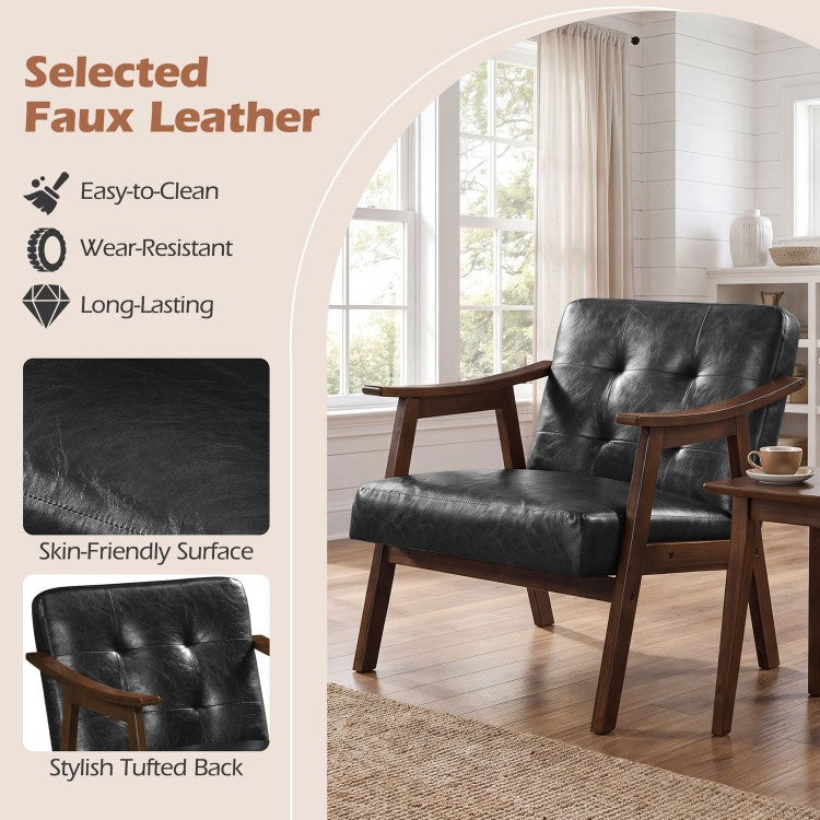 Accent Chair with Inclined Backrest, Tufted Faux Leather Upholstery & Soft Cushion – Walnut/Black