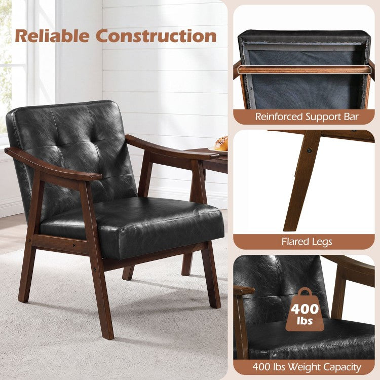 Accent Chair with Inclined Backrest, Tufted Faux Leather Upholstery & Soft Cushion – Walnut/Black