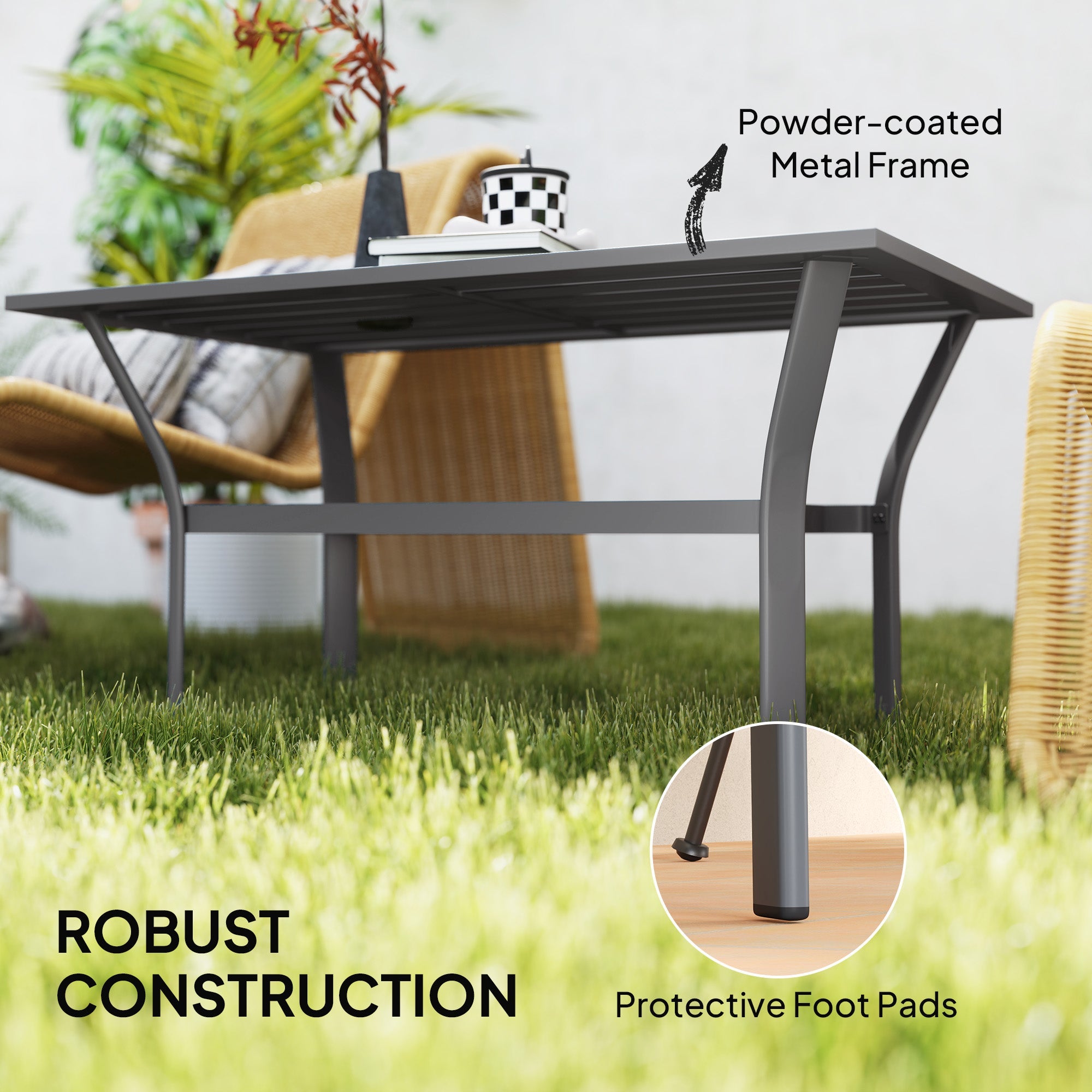 Outsunny Outdoor Side Table with Slatted Tabletop, Metal Patio Coffee Table for Garden, Balcony, Dark Grey 