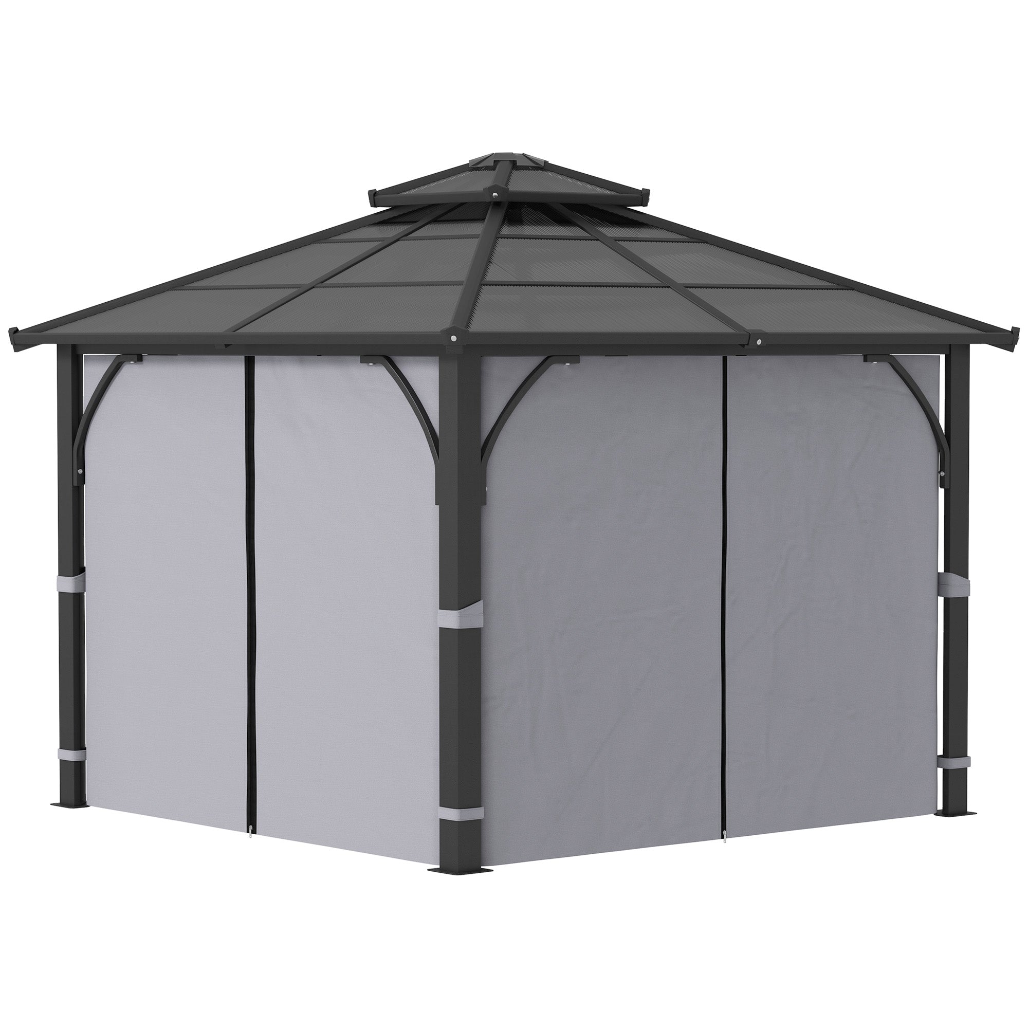 Outsunny 10' x 10' Hardtop Gazebo with 7mm Double Polycarbonate Roof, Outdoor Gazebo with Netting and Curtains 