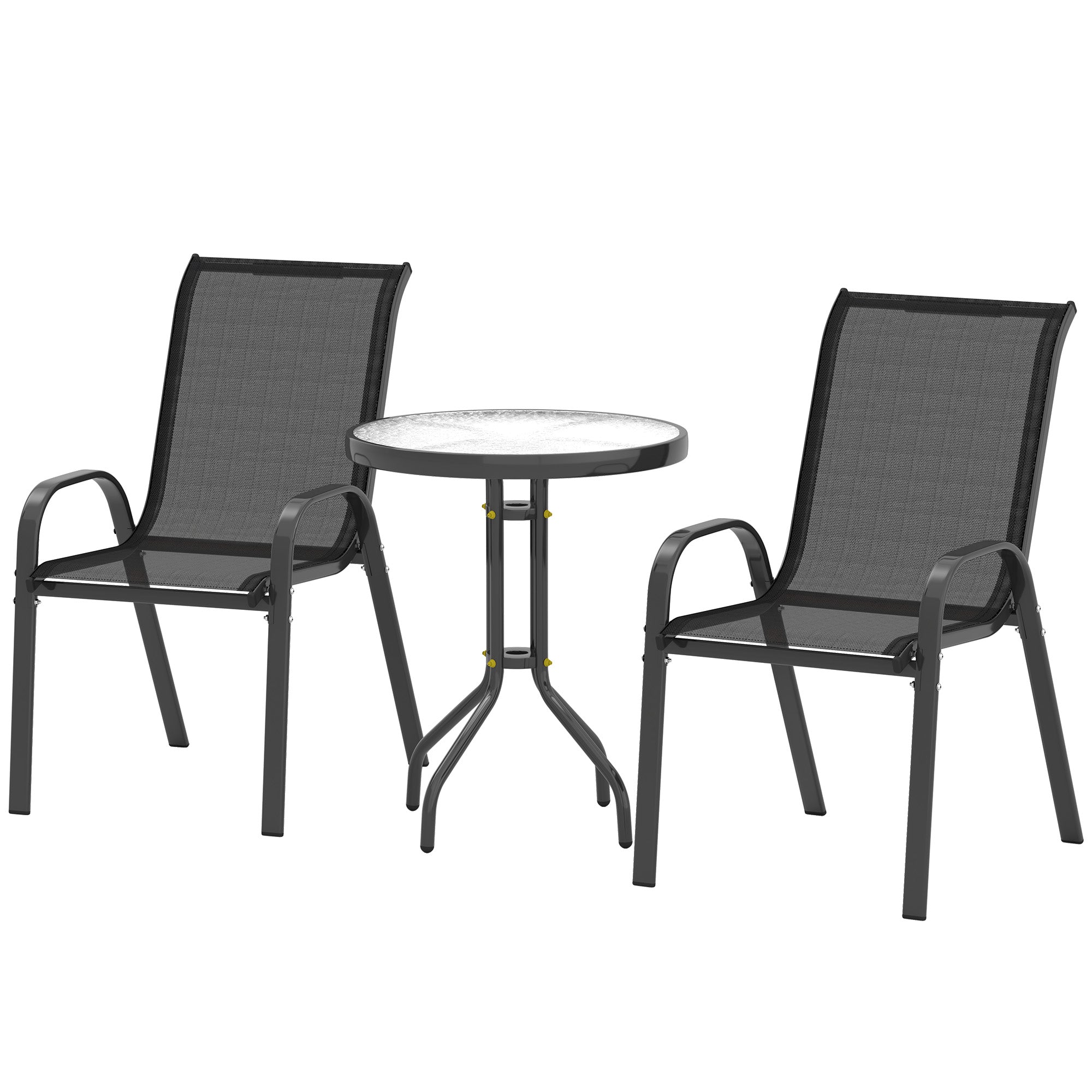 Outsunny 3 Pieces Bistro Set, Small Patio Furniture Set with Stackable Mesh Chairs, Glass Table for Garden, Balcony, Black 