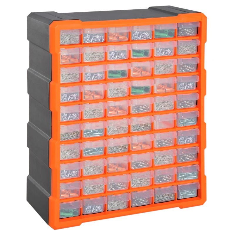 Plastic Screw Organizer Storage Cabinet for Garage, 60 Drawers Parts Organizer Desktop or Wall Mount Storage Container for Hardware, Parts, Crafts, Beads, or Tools, Orange