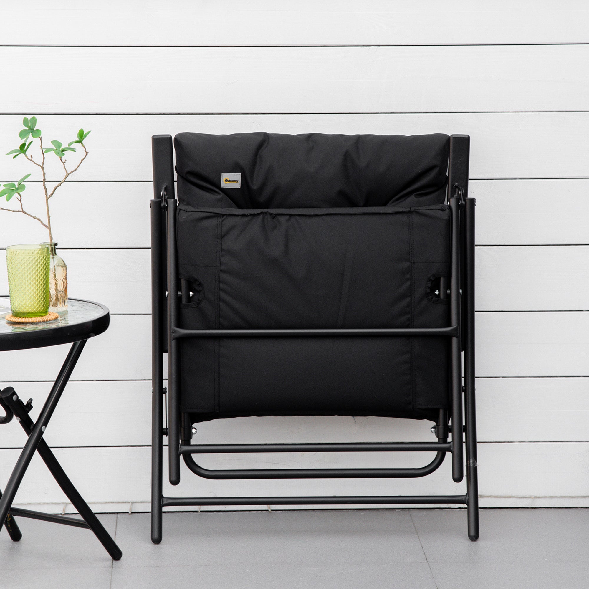 Outsunny Foldable Lounge Chair Fabric Upholstered Recliner Black Outdoor Lounger with Armrest Metal Frame Camping Beach Chair 