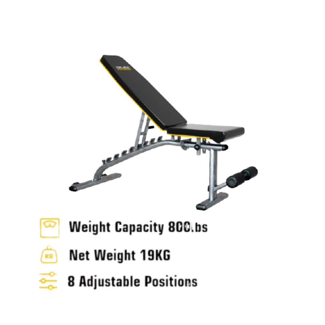 Squat Rack, Bench, Barbell & Weight Plates Stack 
