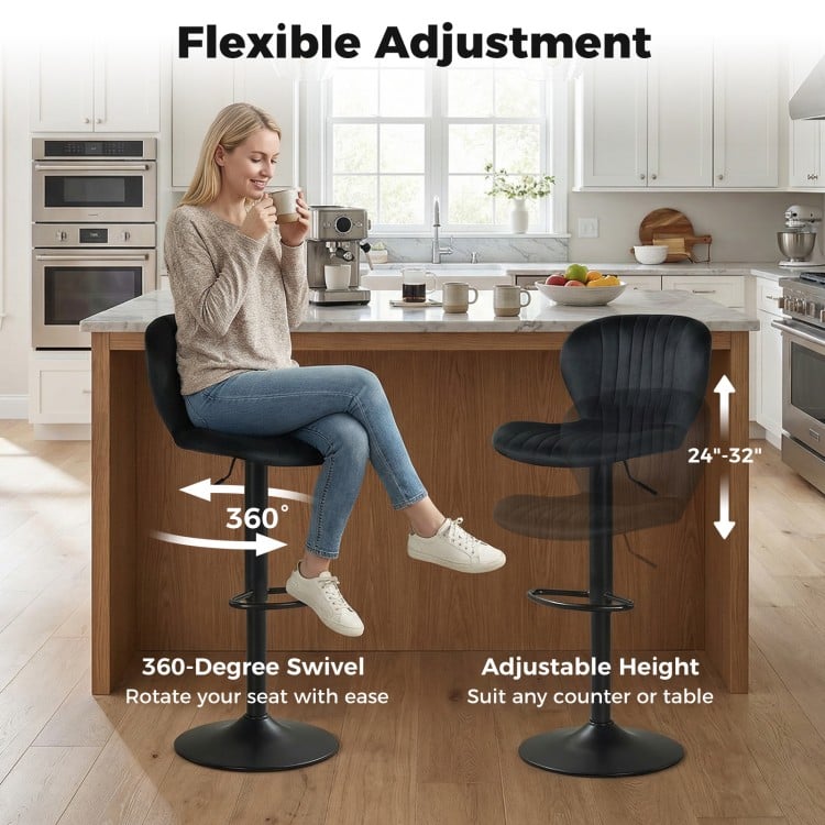 Adjustable Counter Height Chairs Set of 2 with Velvet Upholstered Backrests-Black