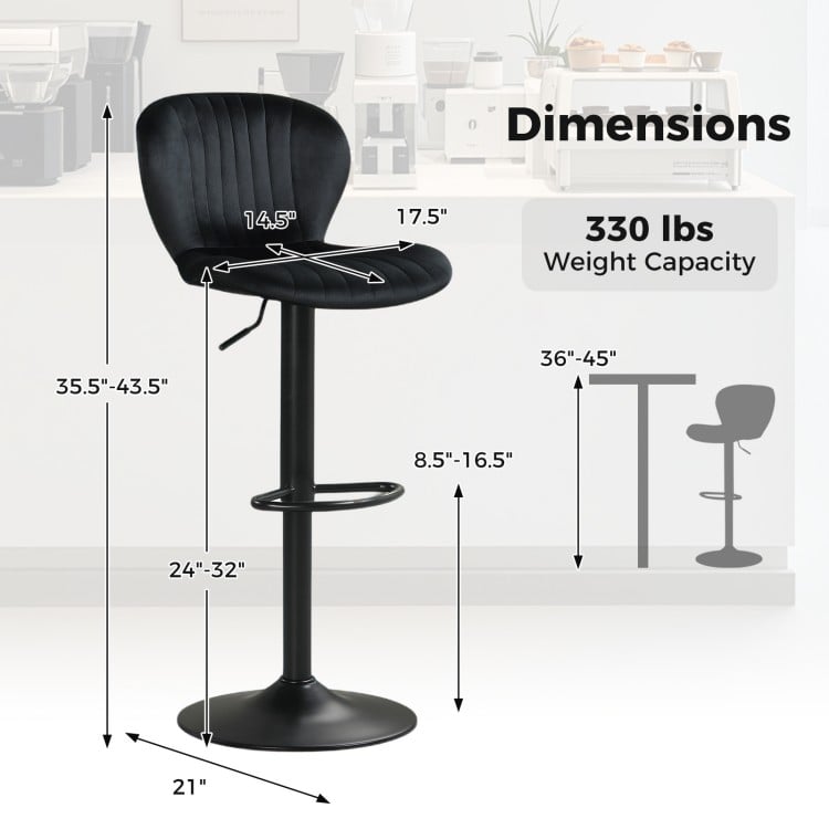 Adjustable Counter Height Chairs Set of 2 with Velvet Upholstered Backrests-Black