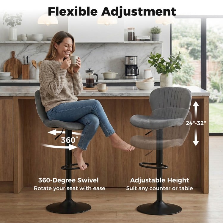 Adjustable Counter Height Chairs Set of 2 with Velvet Upholstered Backrests-Gray