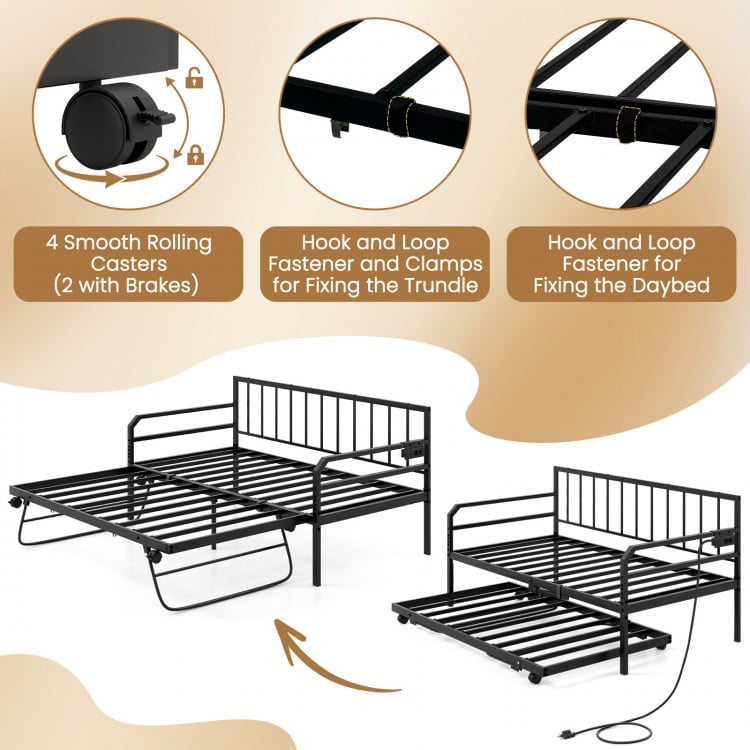 Adjustable Metal Twin Size Daybed with Charging Station and LED Light-Black
