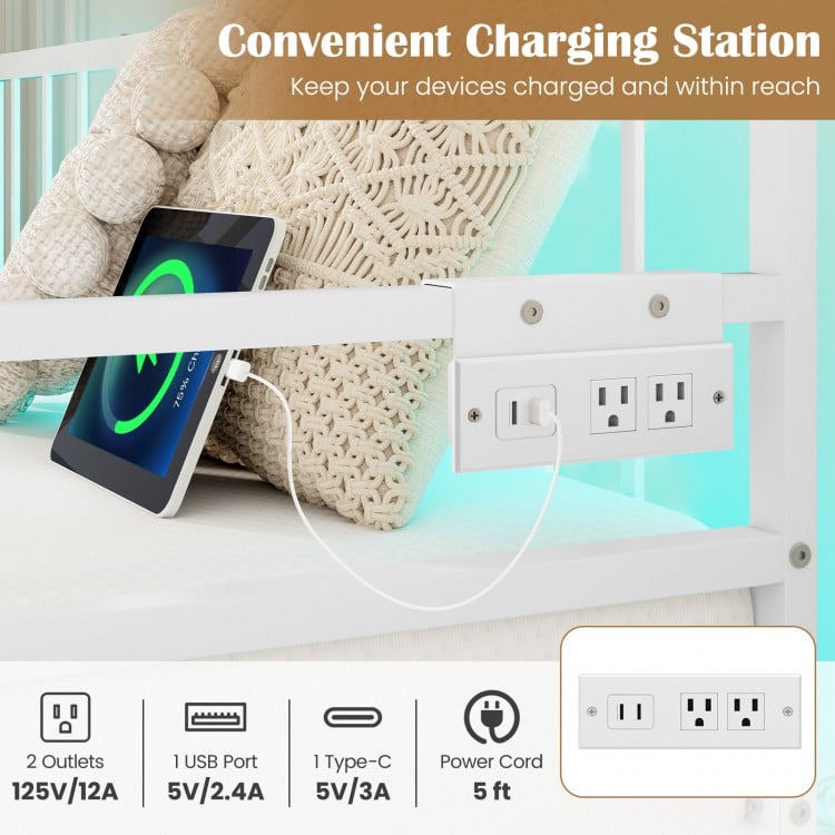 Adjustable Metal Twin Size Daybed with Charging Station and LED Light-White