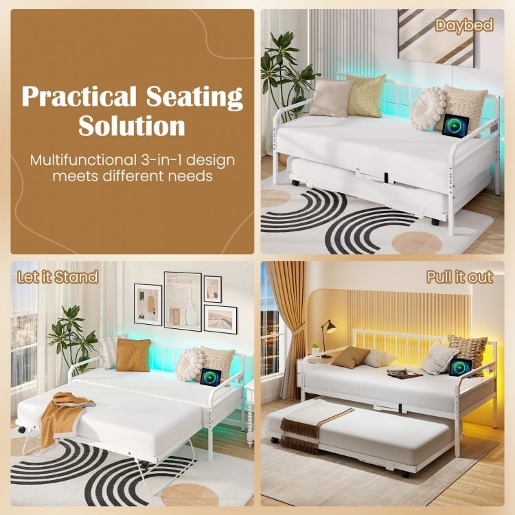 Adjustable Metal Twin Size Daybed with Charging Station and LED Light-White