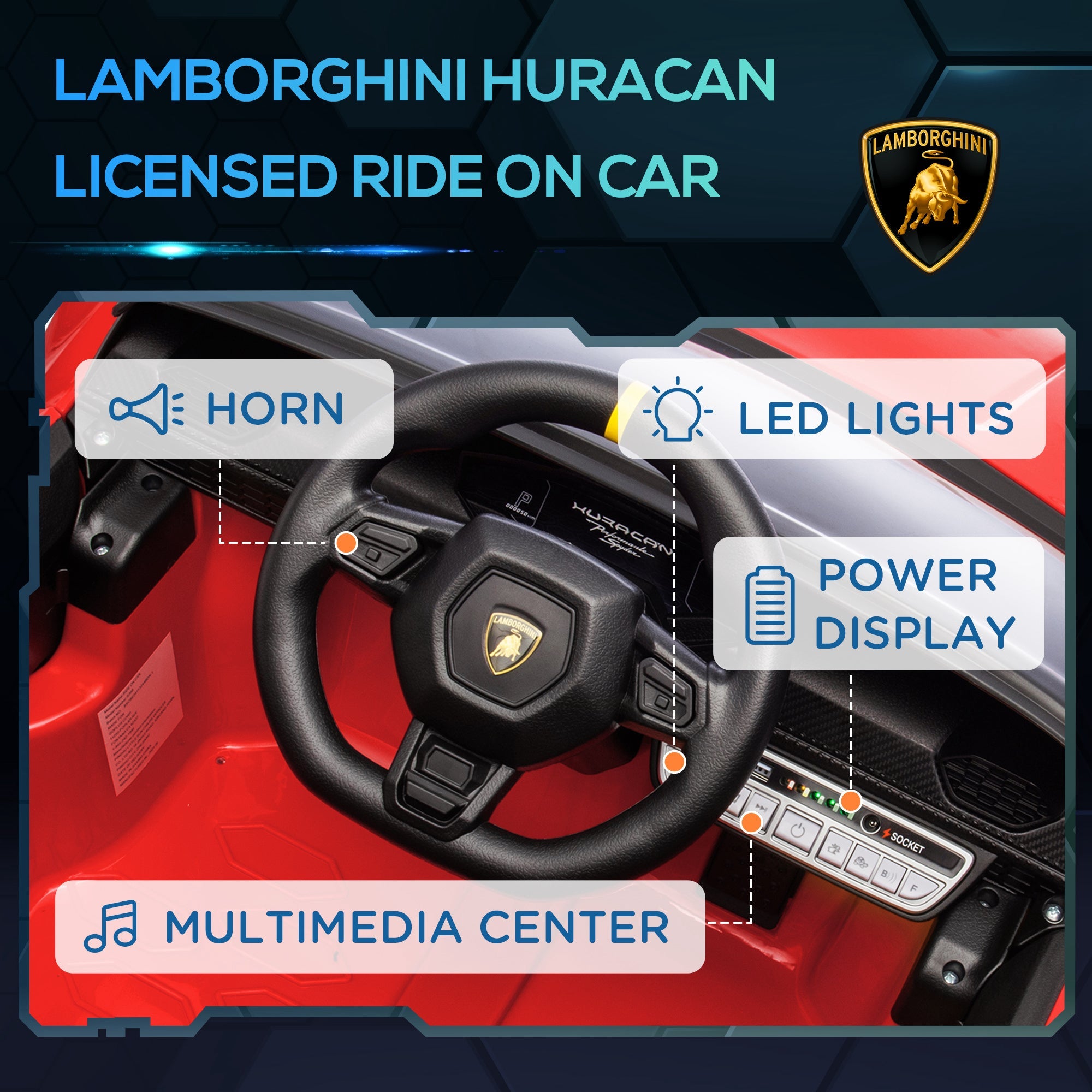 Qaba 12V Lamborghini Huracan Licensed Kids Electric Car with Remote Control, Spring Suspension, Transport Wheels, Red 