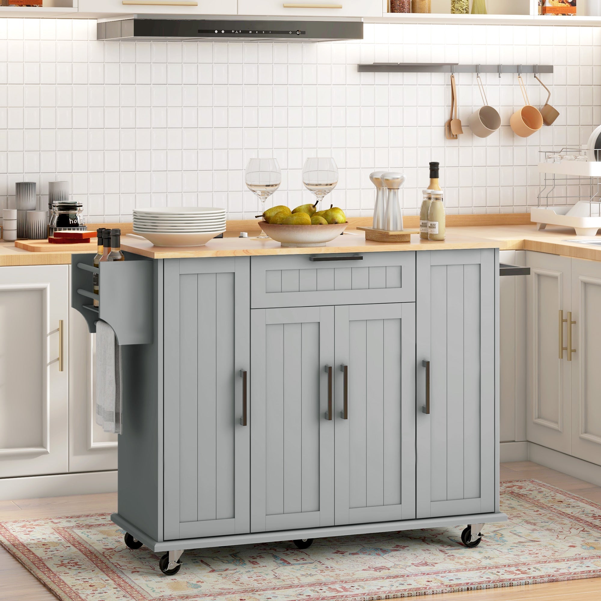 HOMCOM Modern Rolling Kitchen Island Cart with Drawers, Natural Wood Top, Towel Rack, Door Storage Cabinet, Grey 