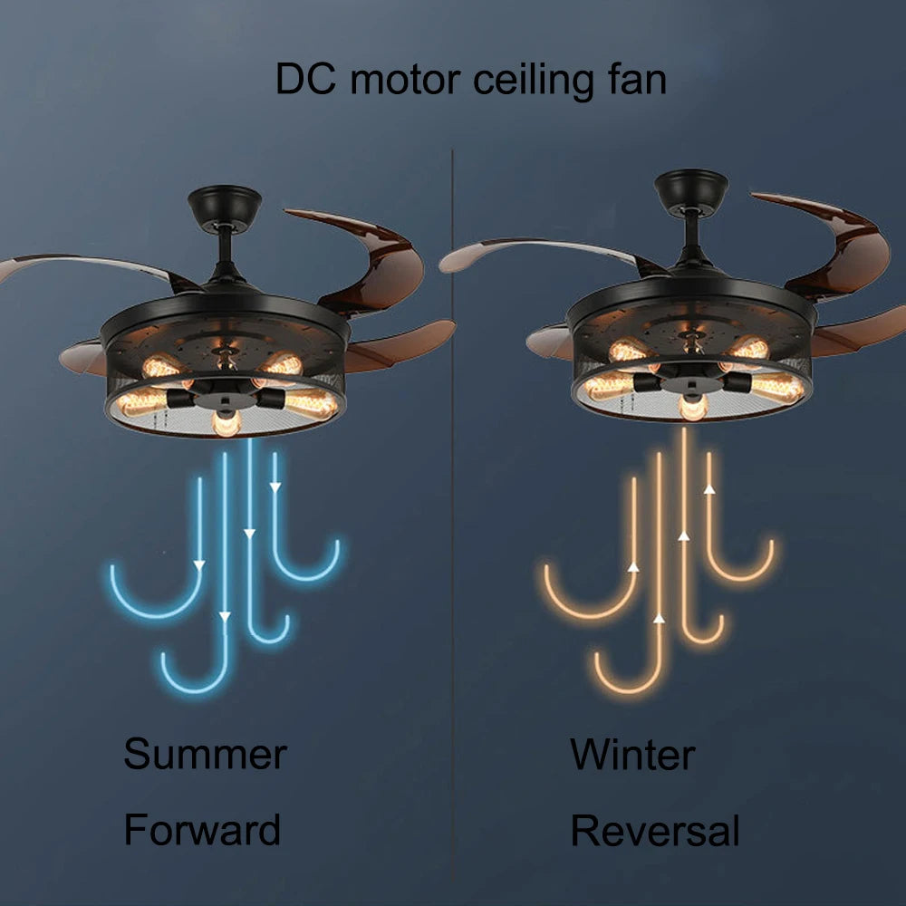 American Creative Design Silent Ceiling Fan Lamp – Strong Wind, Industrial Retro Style, for Living Room, Bedroom, Dining Room