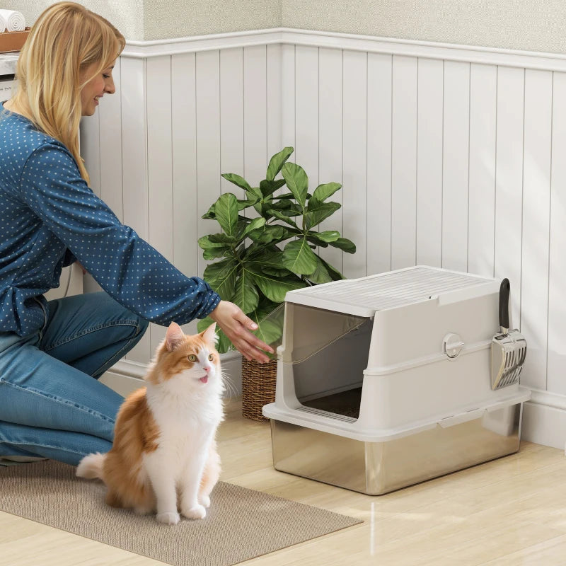 XL Stainless Steel Cat Litter Box for Big Cats with Flip Top, Scoop, Easy Clean & No Odors, Non-Sticky