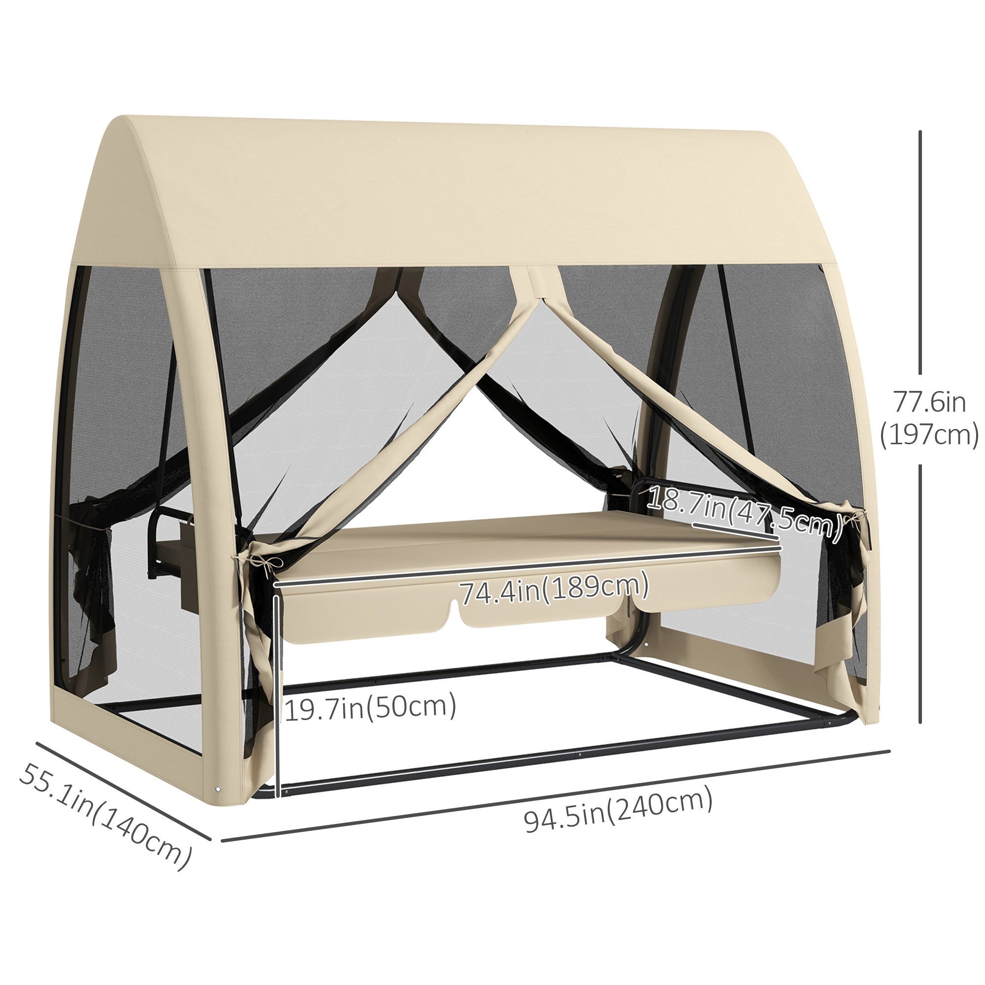 Outsunny 3-Seater Outdoor Swing Chair Chaise Lounger Bed Garden Hammock with Steel Stand, Canopy Netting Walls, Coffee 