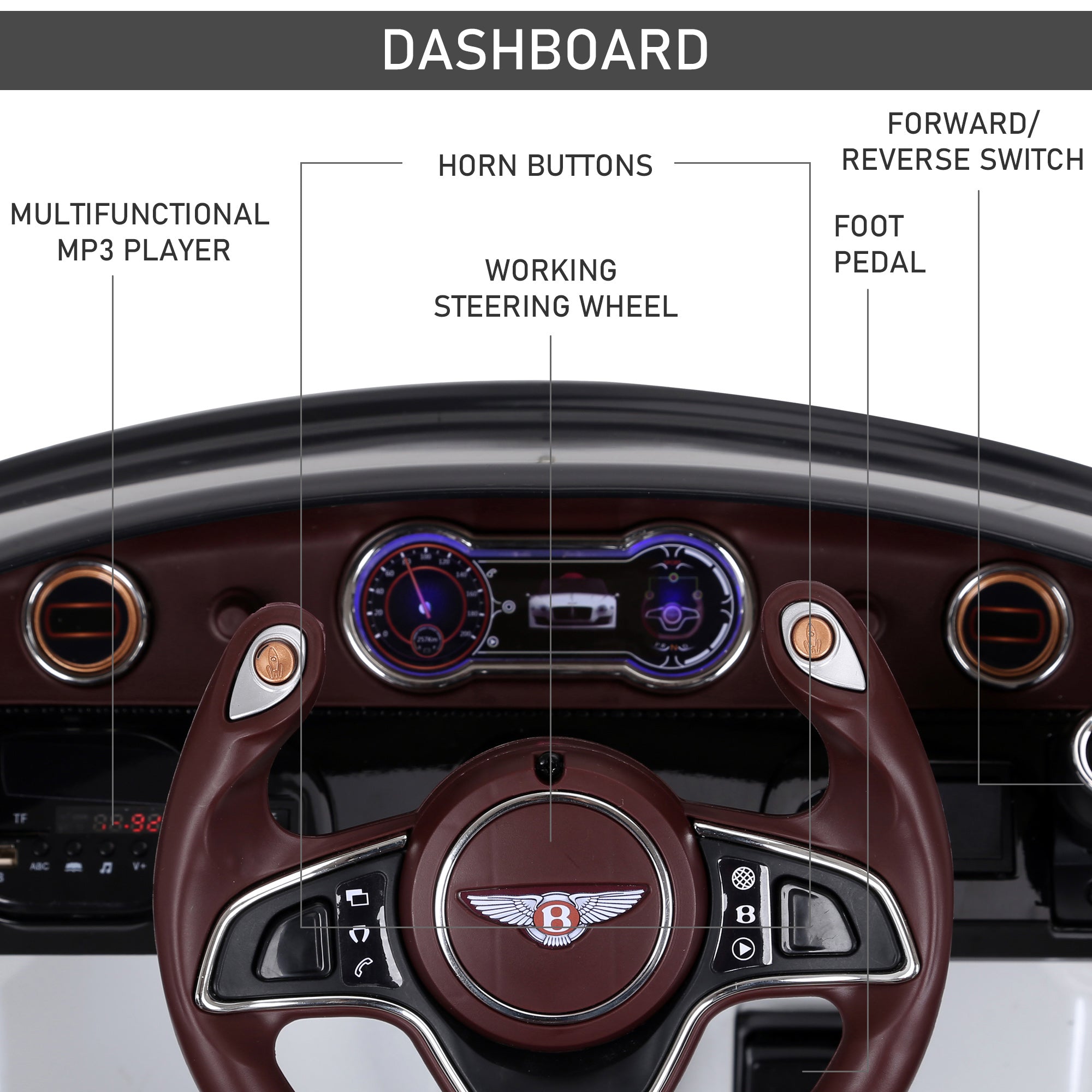 Aosom Licensed Bentley Ride-On Car: 12V, Electric, Battery Powered, Remote Control, 2 Speed, White 