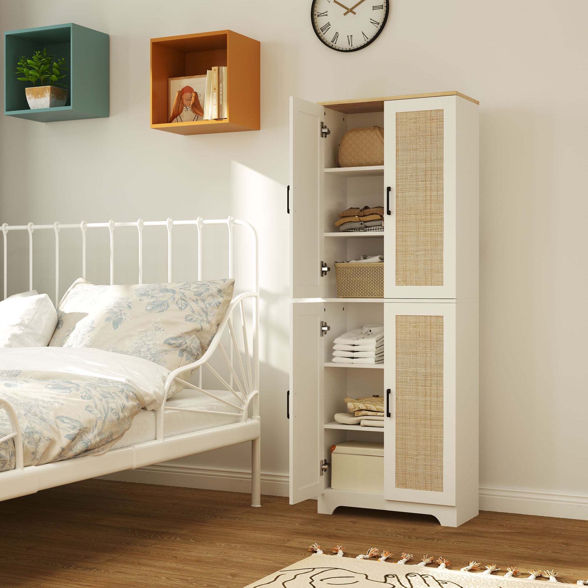 HOMCOM 67" Tall Kitchen Pantry, Freestanding Kitchen Storage Cabinet with 4 Rattan Doors and Adjustable Shelves, White 