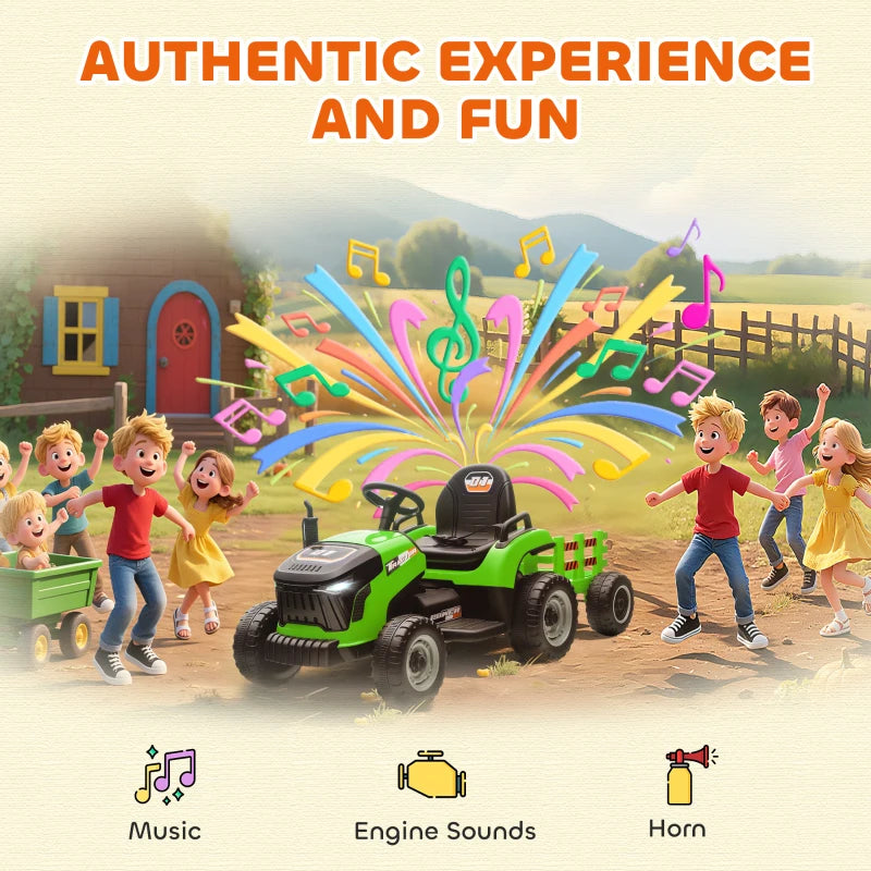 Qaba 12V Kids Ride On Tractor with Trailor, Remote Control, Music, Lights, Shifter, for Kids Ages 3-8 Years, Green