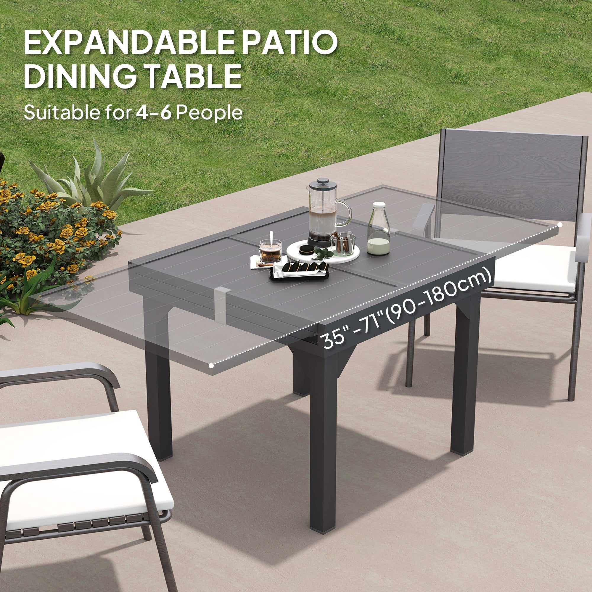 Outsunny 35"-71"  Extendable Aluminium Outdoor Dining Table, Slatted Top Patio Table for 4-6 Person, for Garden, Backyard, Grey 