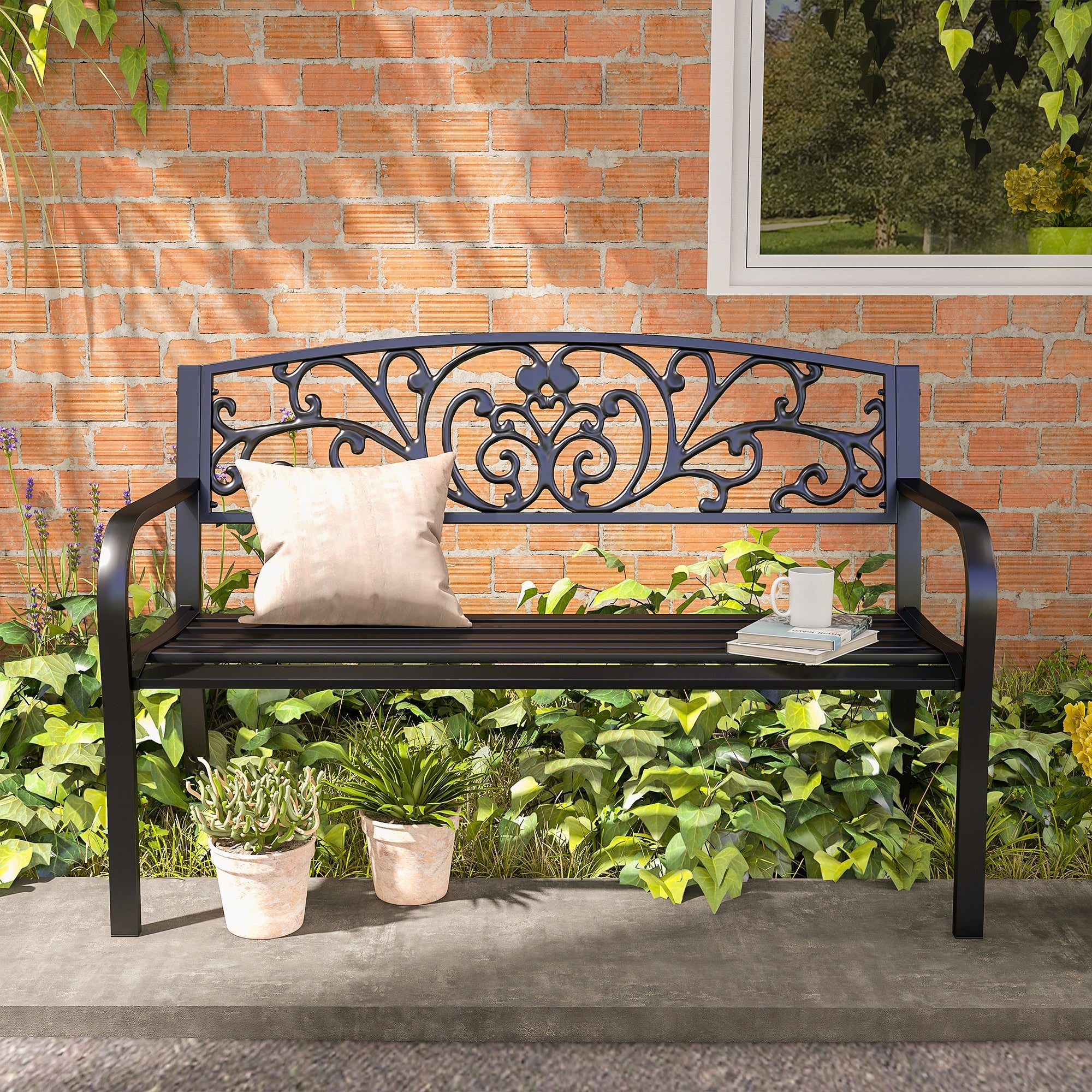 Outsunny Garden Bench 50" 2-Seater Outdoor Blossoming Pattern Loveseat Elegant Black 