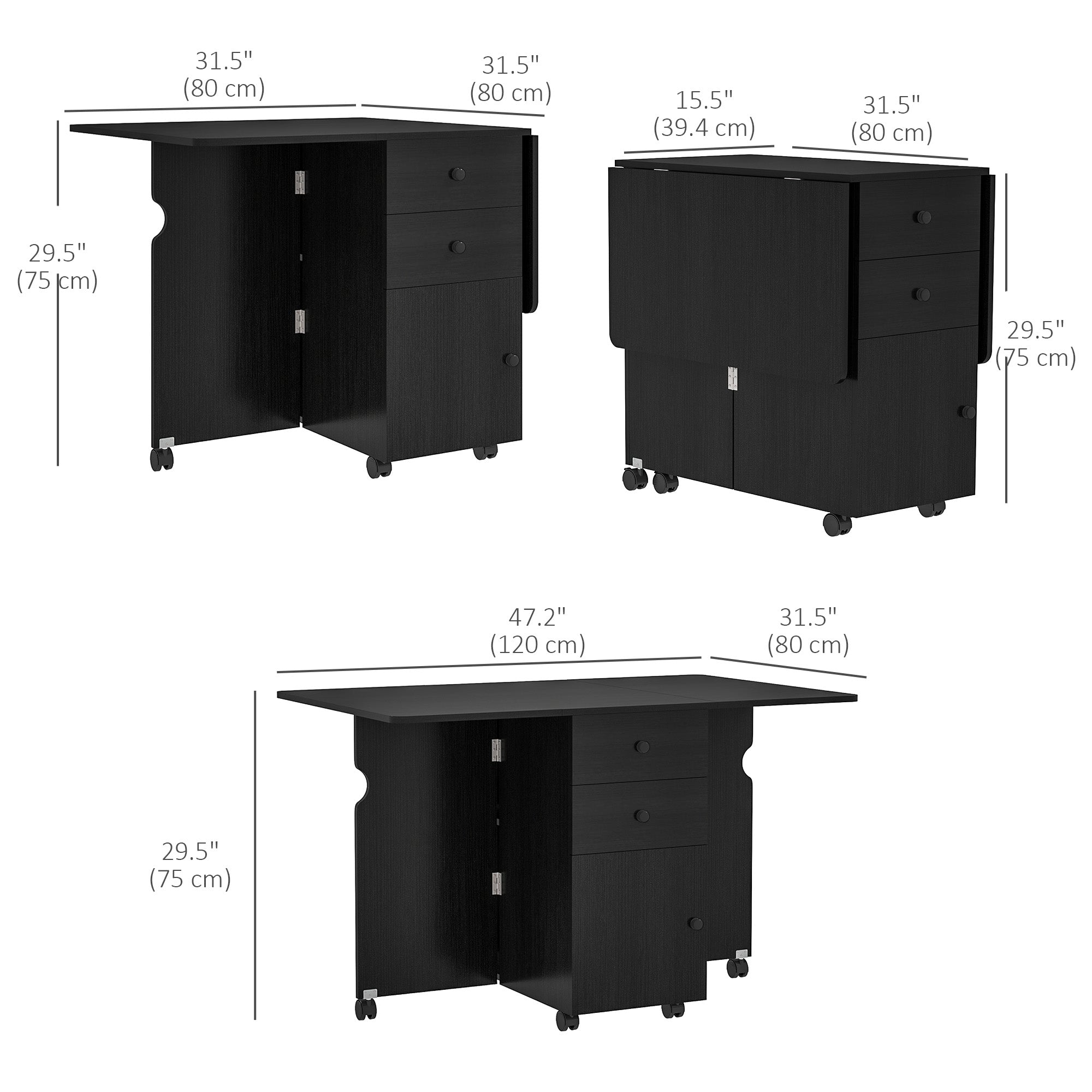 HOMCOM Extendable Dining Table, Drop Leaf Table with 2 Drawers, Cabinet and 6 Wheels for Small Spaces, Kitchen, Black Wood Grain 