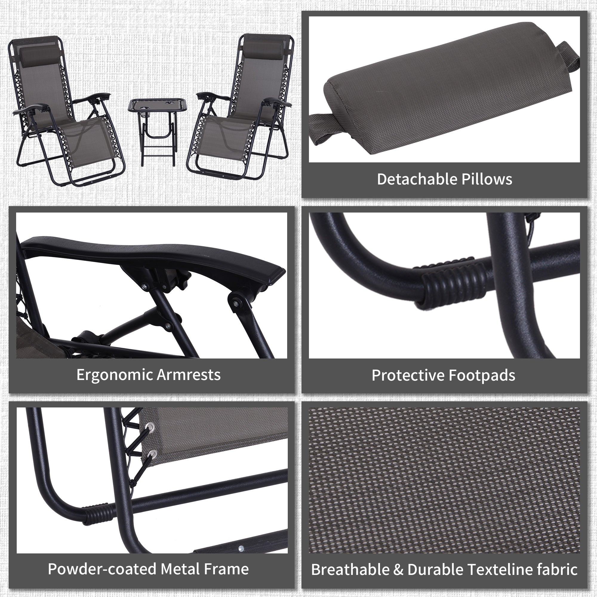 Outsunny 3pcs Zero Gravity Lounger Chair Set Patio Chaise Lounge Side Table w Cup Holder Grey 