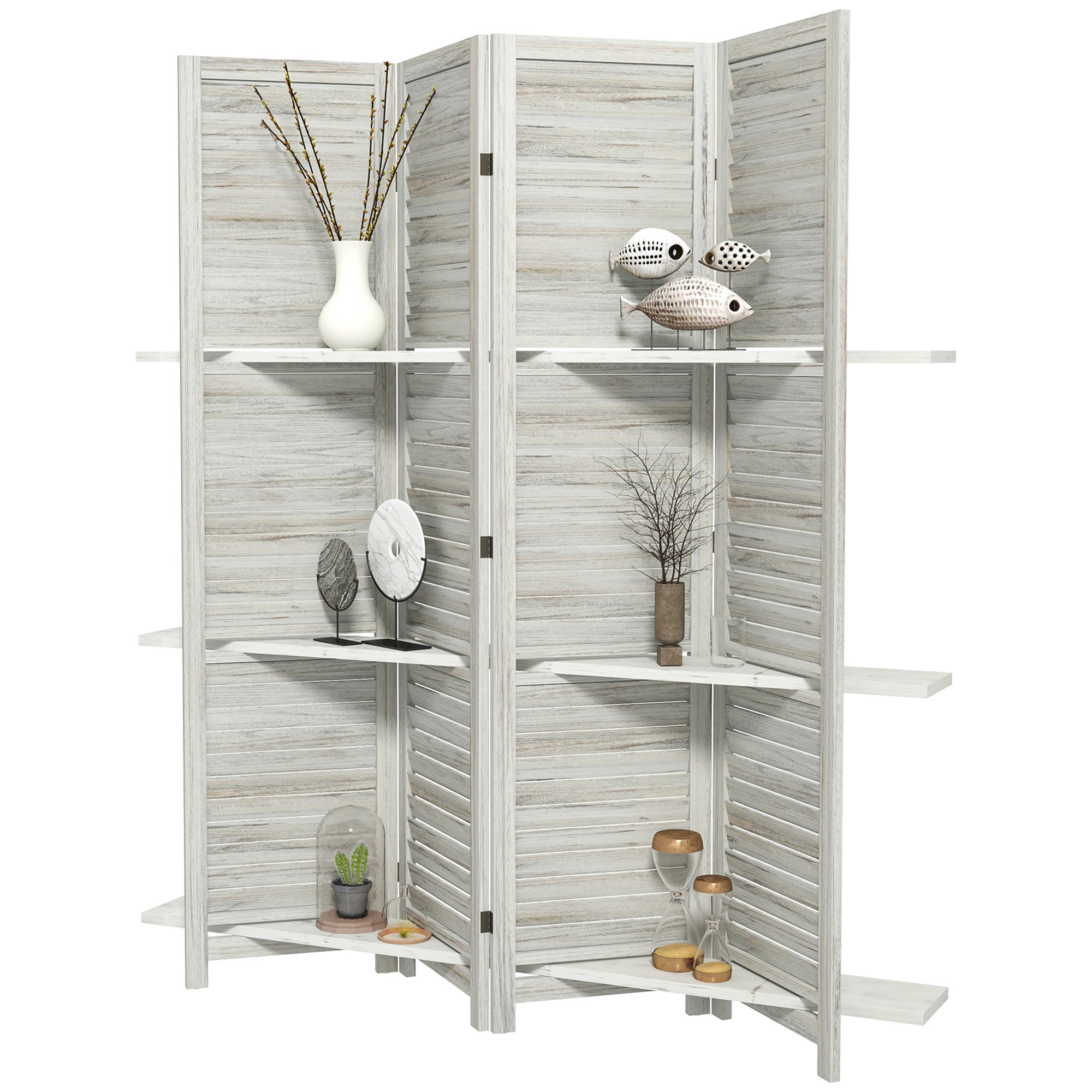 HOMCOM 4-Panel Wall Partition Room Separator with 3 Storage Shelves Foldable Design Wooden Frame 5.6FT Distressed White 