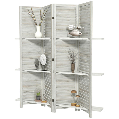 HOMCOM 4-Panel Wall Partition Room Separator with 3 Storage Shelves Foldable Design Wooden Frame 5.6FT Distressed White 