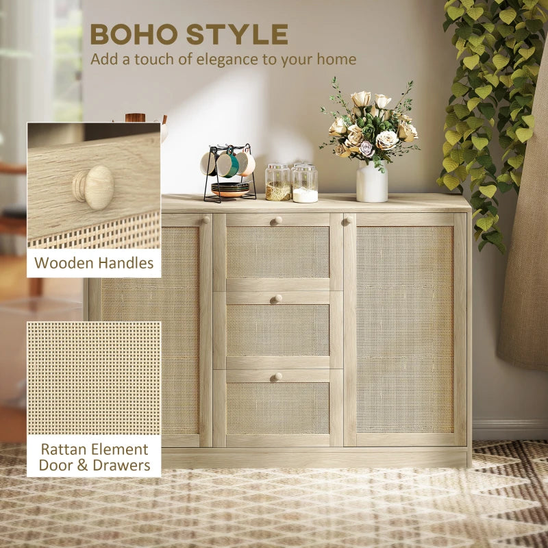 Boho Sideboard Buffet Cabinet, Kitchen Coffee Bar Cabinet with 3 Drawers, 2 Adjustable Shelves and 4 Racks, Natural