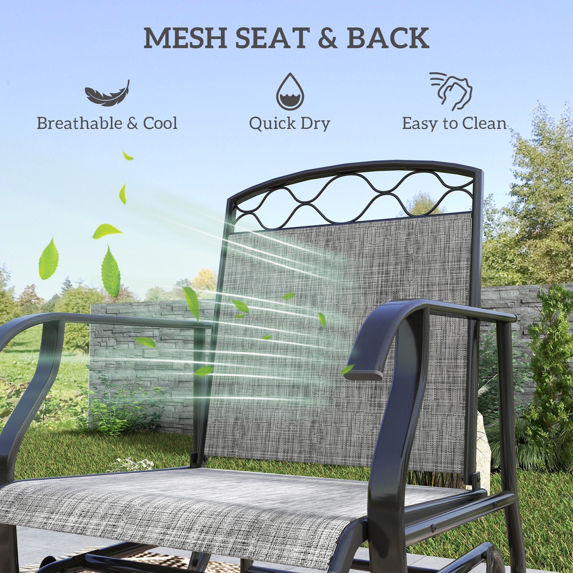 Outsunny Outdoor Glider Chair Set of 2, Patio Swing Chair with Thickened Breathable Mesh Seat, High Back, Steel Frame, Grey 