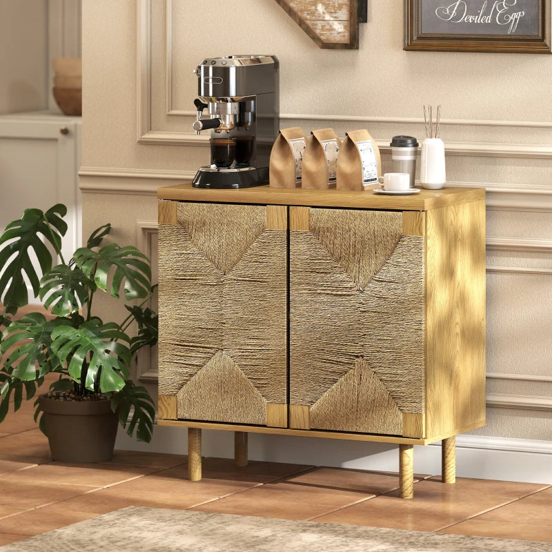 Handwoven Rope Accent Cabinet Boho Sideboard Buffet Cabinet with Push to Open Doors Adjustable Shelf Pine Wood Legs Oak