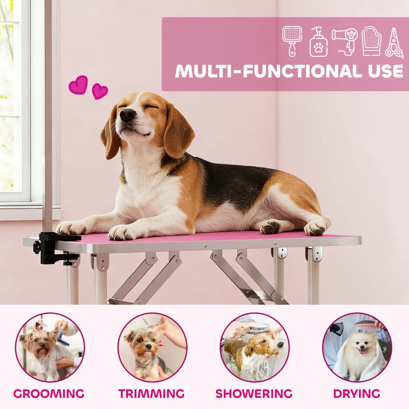 Foldable Pet Grooming Table for Dogs Cats with Adjustable Arm, Non-slip Surface, Pink