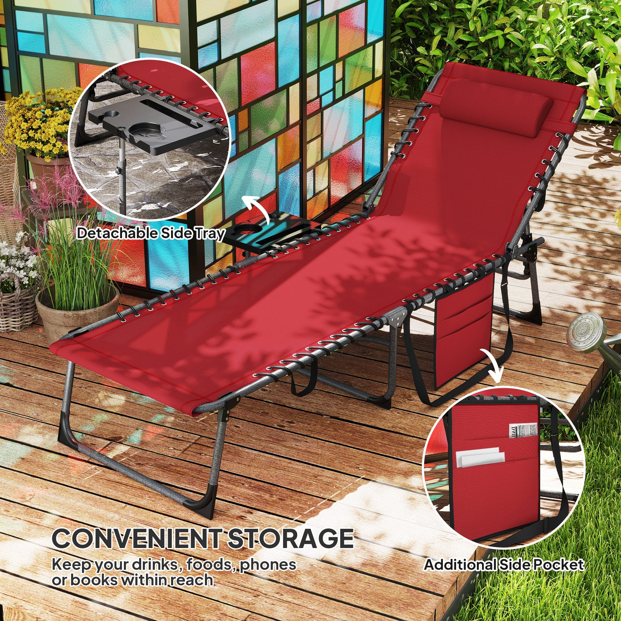 Outsunny Outdoor Folding Lounge Chair, Reclining Chaise Lounge Tanning Chair with Adjustable Back, Side Table, Headrest, Red 