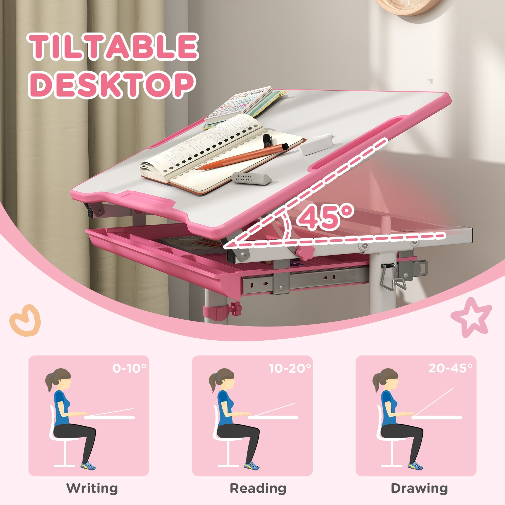 Qaba Height Adjustable Study Table and Chair Set with Drawer, Pen Slot, Tiltable Desktop, Hook, Pink 