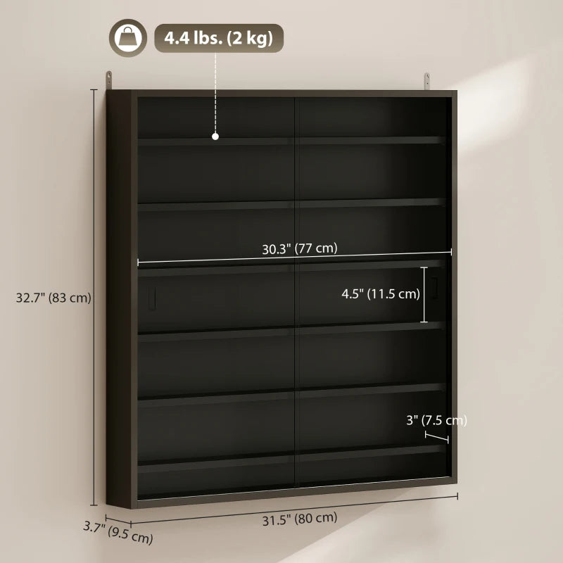 7-Tier Display Cabinet, Shot Glass Display Case, Glass Curio Cabinet with 2 Glass Doors and 6 Adjustable Shelves, Black