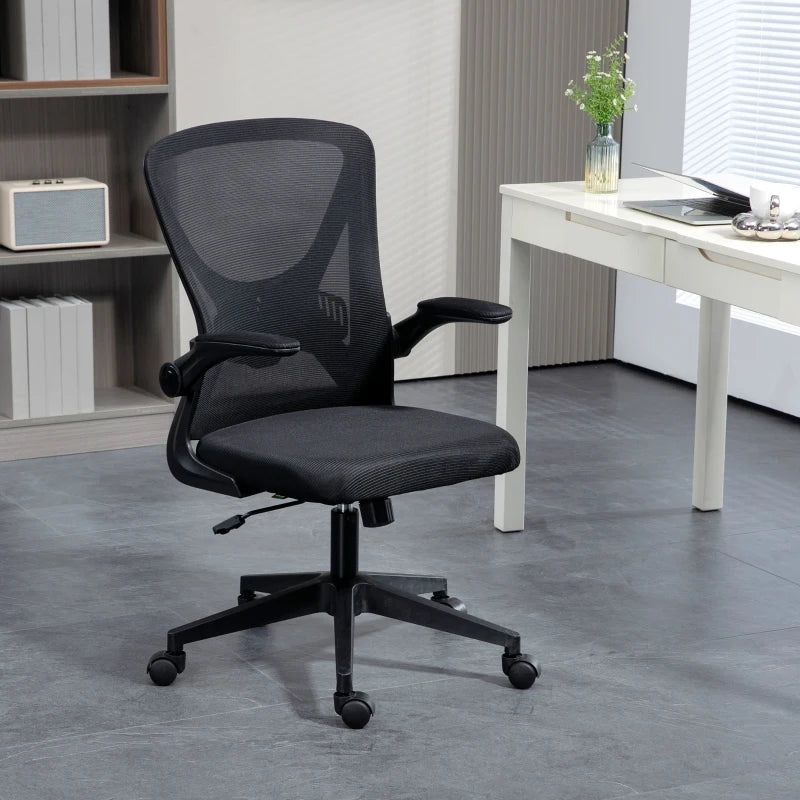 Mesh Office Chair, Swivel Desk Chair with Lumbar Back Support, Adjustable Height, Flip-Up Arm, Black