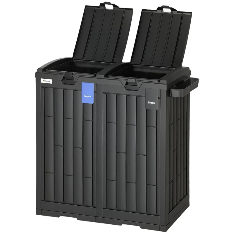 58 Gallon Double Outdoor Garbage Bin with Dual Lid, Plastic Outdoor Waste Trash Can with Ash Holder and Drip Trays