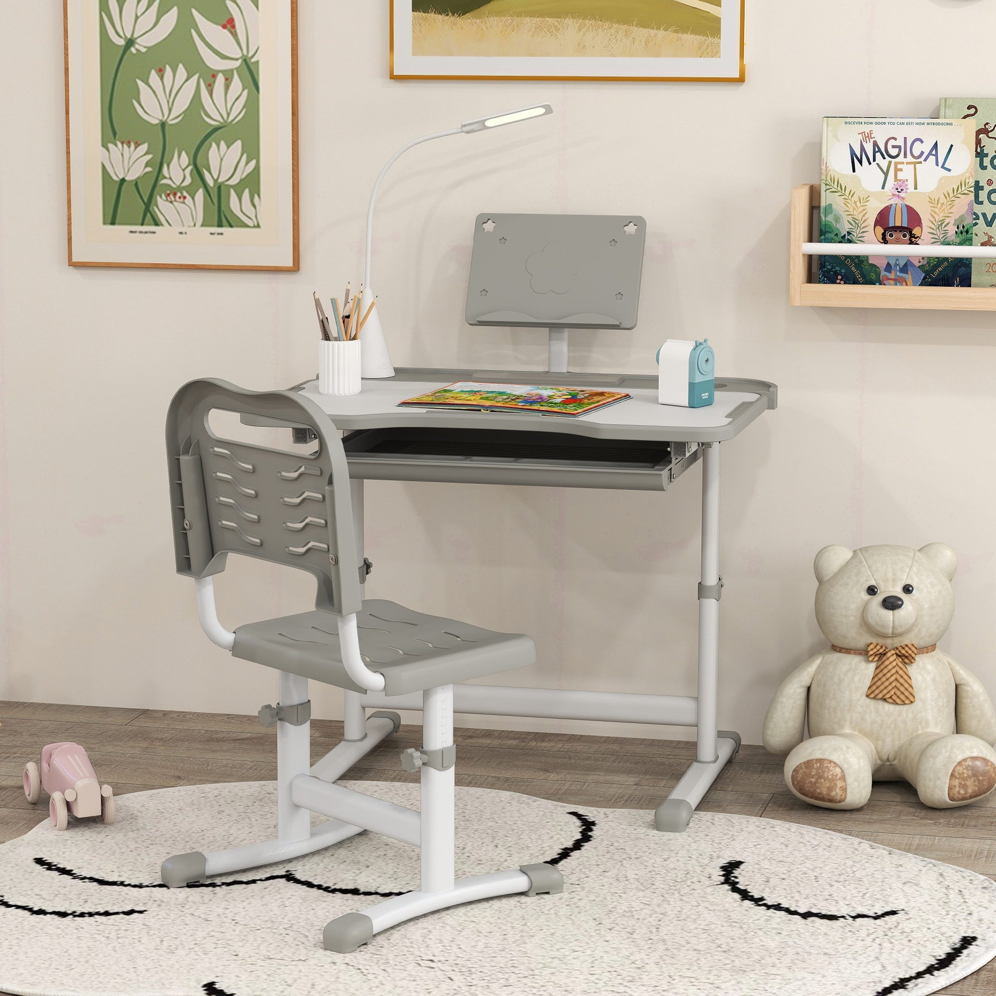 Qaba Kids Desk and Chair Set Height Adjustable Student Writing Desk Children School Study Table with Tilt Desktop, Grey 