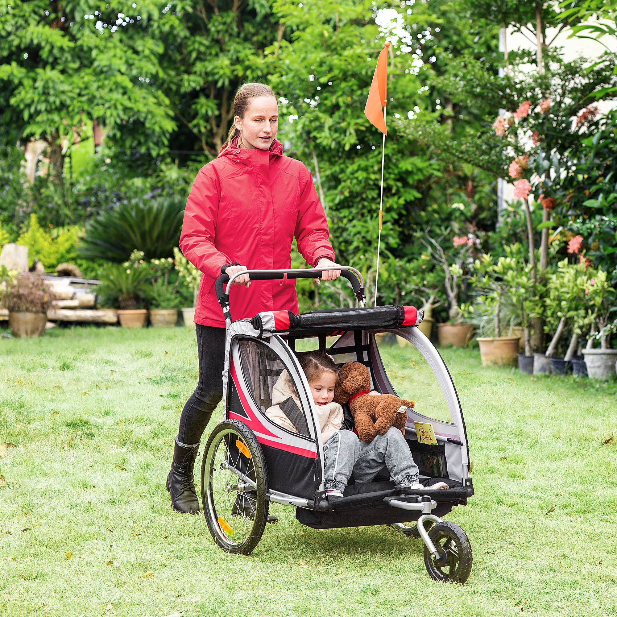 Aosom 2-in-1 Child Bike Trailer & Stroller, Safety Brake, Storage, Reflective, Red, 5-Point Harness 
