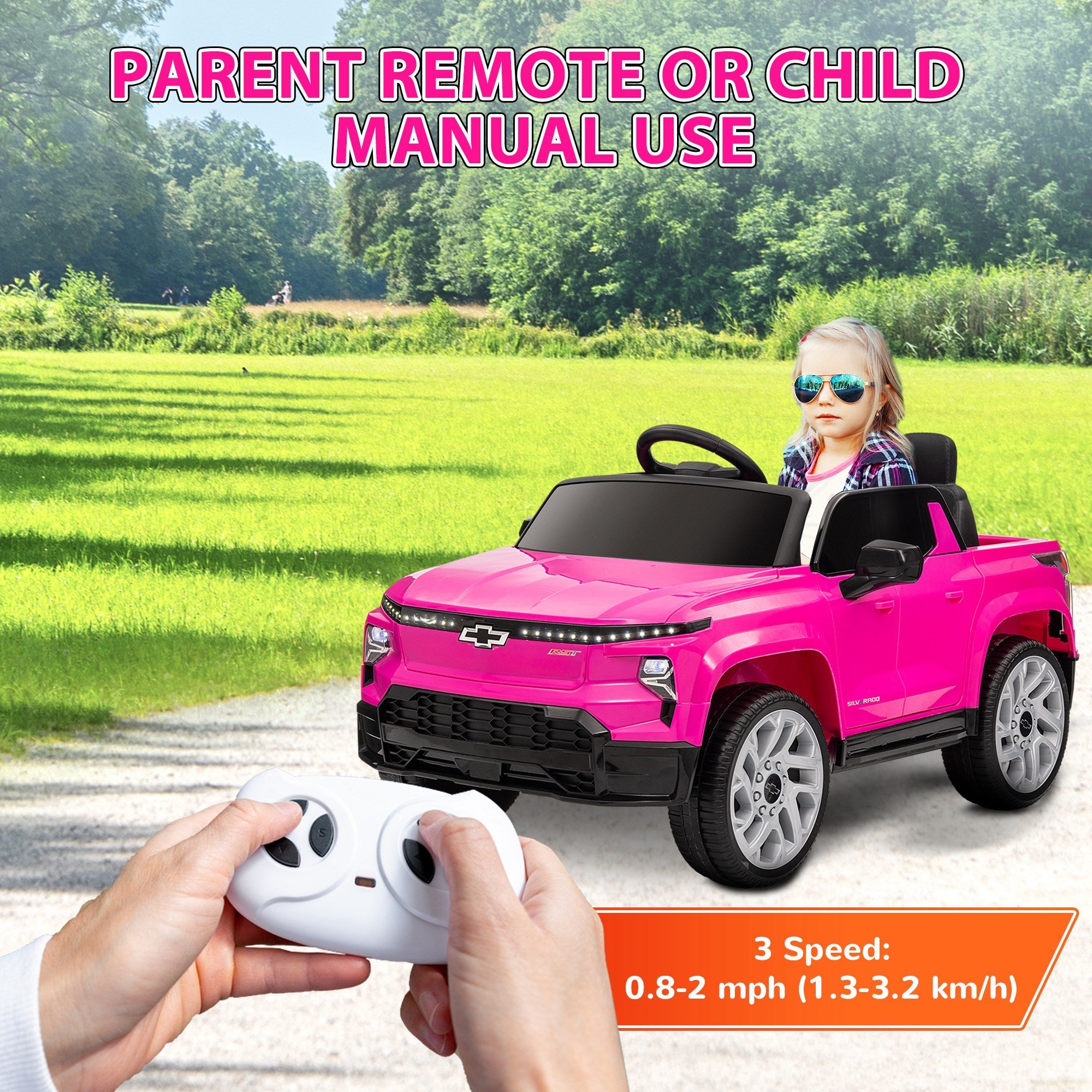 Qaba 12V CHEVROLET SILVERADO EV RST Licensed Kids Car w/ Remote, Spring Suspension, Soft Start, Training Wheels, Pink 