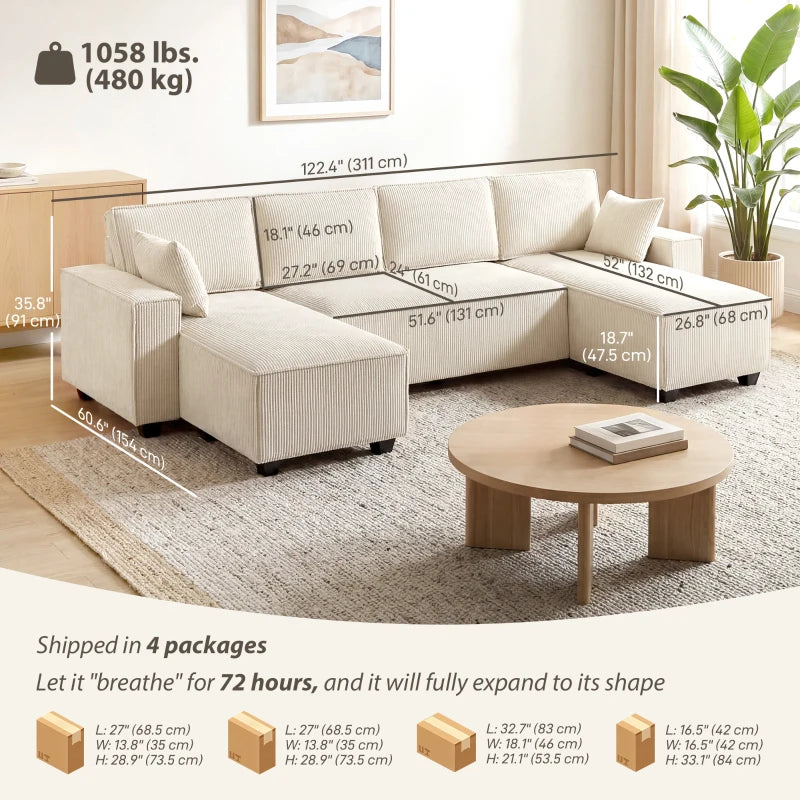 HOMCOM Modern U-Shaped Modular Sectional Sofa with Dual Chaise Lounges, Pocket Spring Cushions & Throw Pillows – Beige
