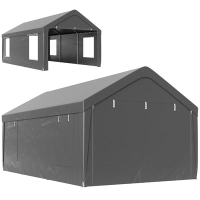 Outsunny 12 x 20ft Carport with 2 Roll-Up Doors, 4 Windows, Portable Garage with Removable Sidewalls for Car, Truck, Dark Grey 