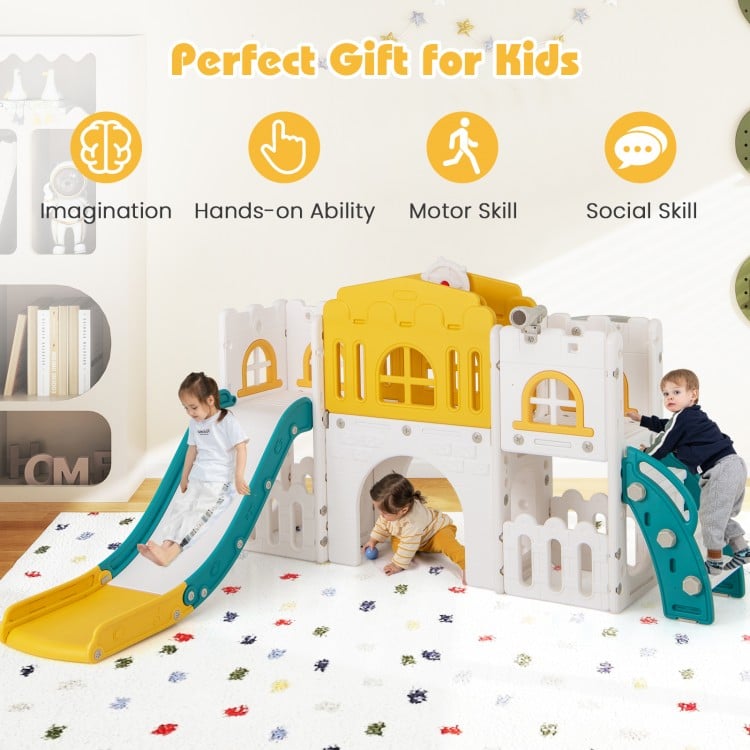 All-in-1 Toddler Slide Playset Playground with Tunnel and Ladder and Basketball-Yellow