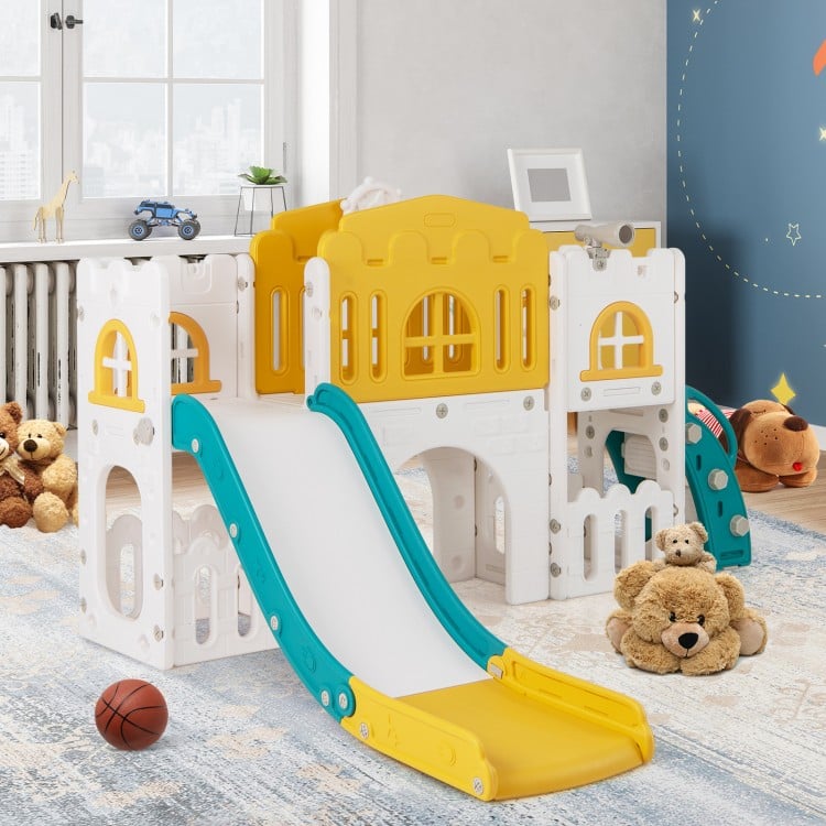 All-in-1 Toddler Slide Playset Playground with Tunnel and Ladder and Basketball-Yellow