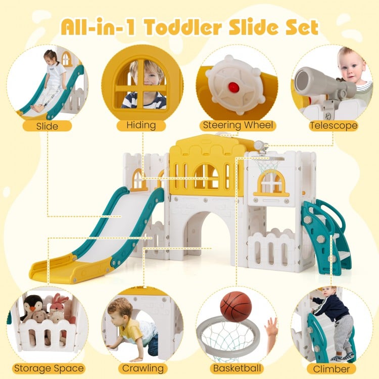 All-in-1 Toddler Slide Playset Playground with Tunnel and Ladder and Basketball-Yellow