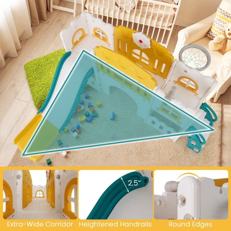 All-in-1 Toddler Slide Playset Playground with Tunnel and Ladder and Basketball-Yellow