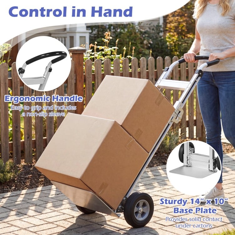Aluminum Dolly Cart with 2 Rubber Wheels and Ergonomic Handle-Silver