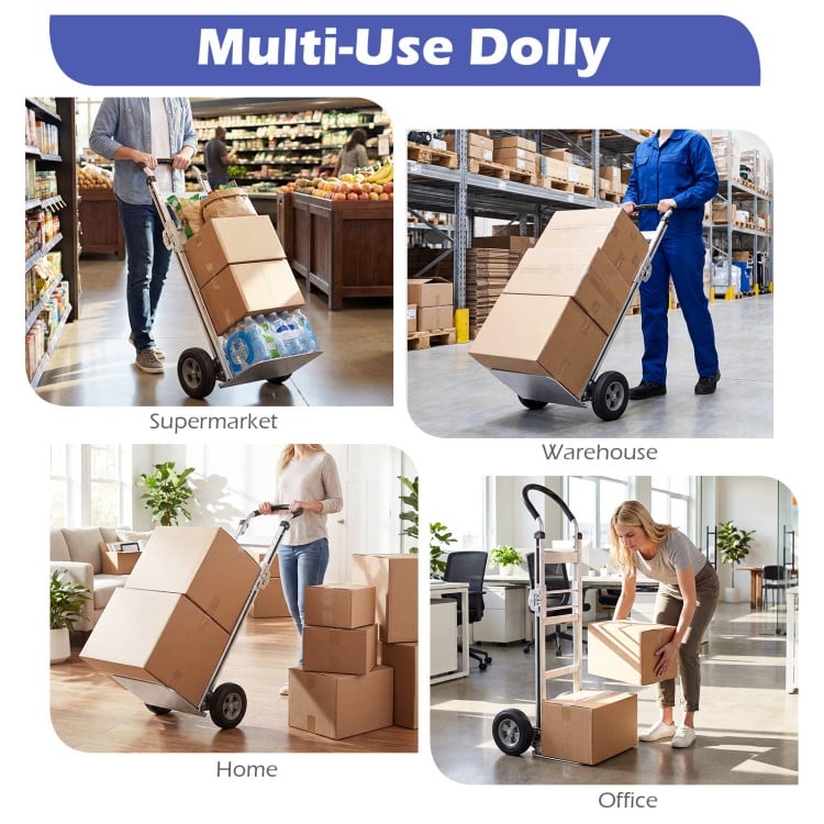 Aluminum Dolly Cart with 2 Rubber Wheels and Ergonomic Handle-Silver
